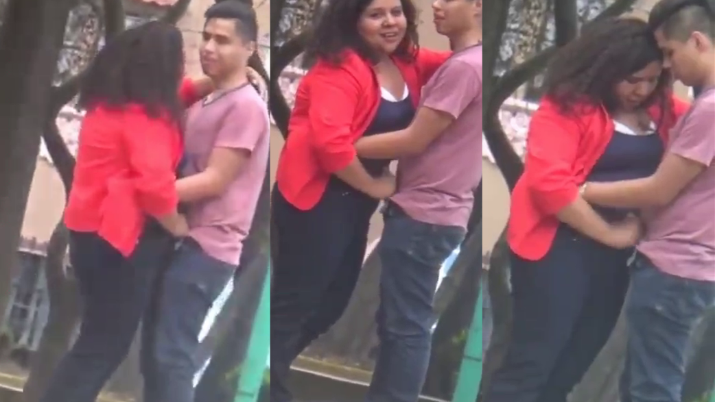 Fat woman gives me a handjob in the street while my friend records
