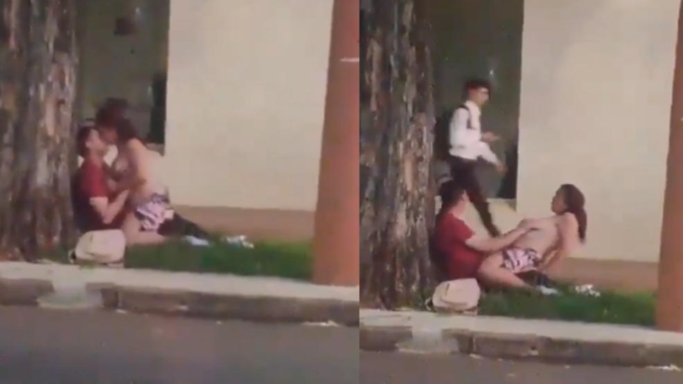 Drunk couple fucking on the street while passersby walk by