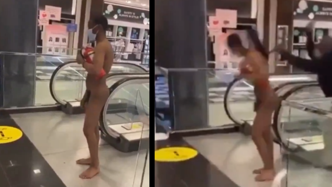 Black man with COVID walks naked in a shopping center showing his huge cock