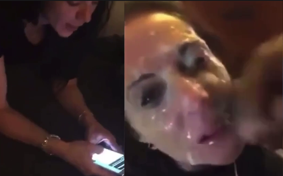 Gang of black men cum on white woman face