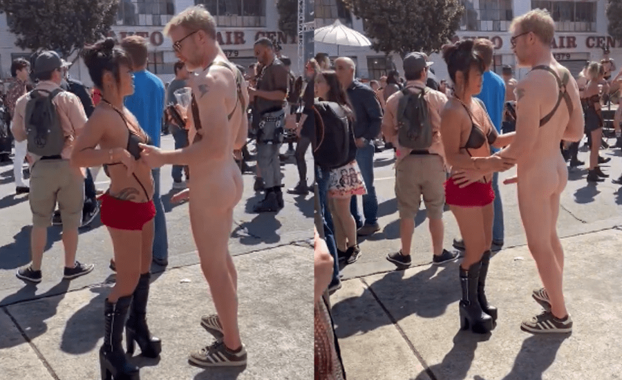 White man does nudism in the middle of the street with people