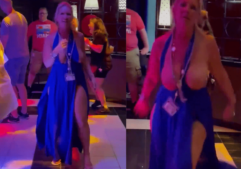 Busty blonde has a mishap with her outfit