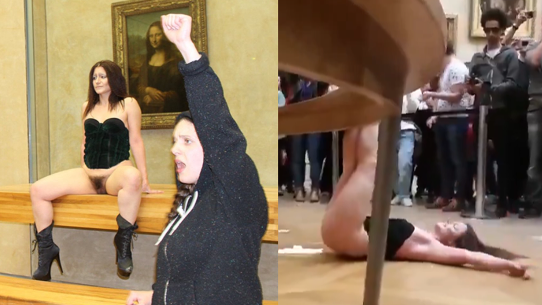 A young French woman poses naked in front of the famous Mona Lisa