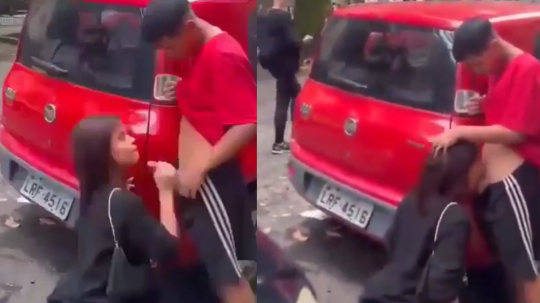 While on the way to work she gave a blowjob to a teenager on the street