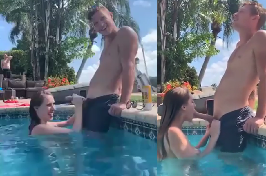 Friends record me in the pool while my girlfriend gives me a blowjob