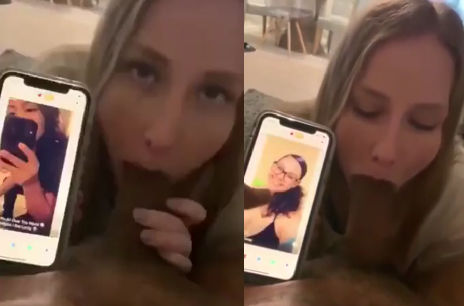 Black man looks for his next victim on Tinder while his date gives him a blowjob