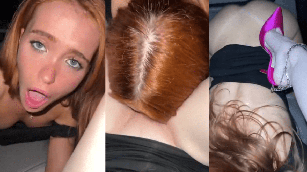 Redhead lesbian eats pussy in a car