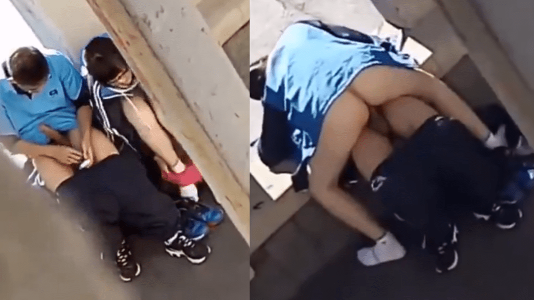 Nerdy students have sex in the courtyard