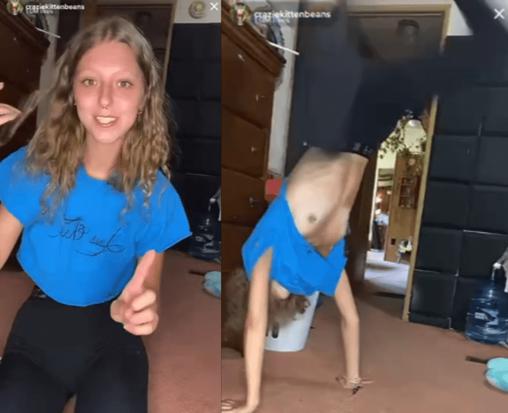 Teen does a handstand and her tits are seen inadvertently